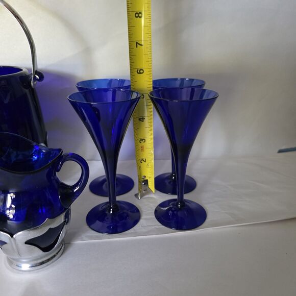 Lot Vintage Farber Bros Cobalt Blue Glass Ice Bucket, Creamer Art Deco 4 Glasses - Picture 11 of 16